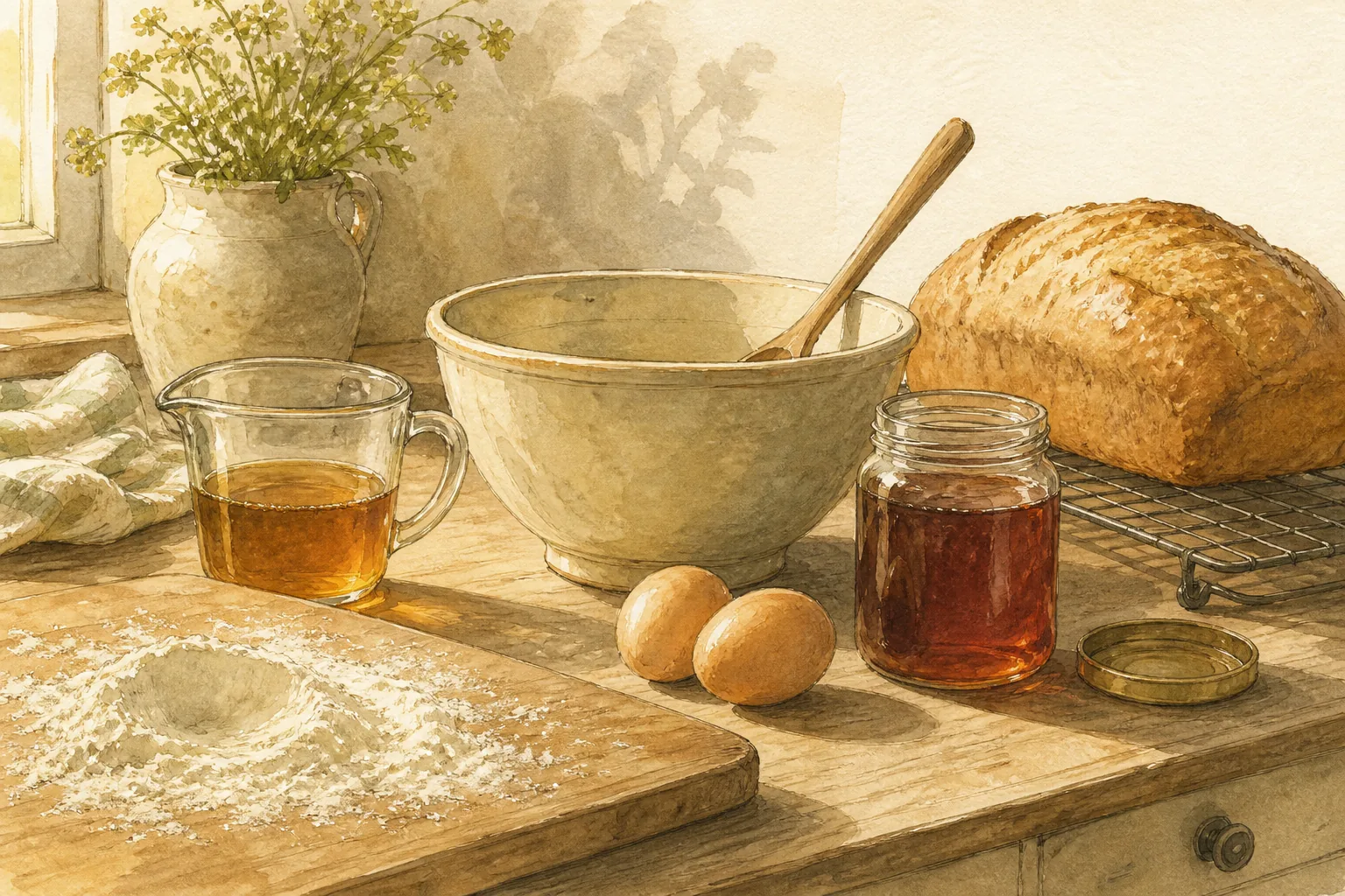 A kitchen counter with a mixing bowl, a measuring cup of honey, eggs, flour on a board and a loaf cooling on a rack, warm side light.