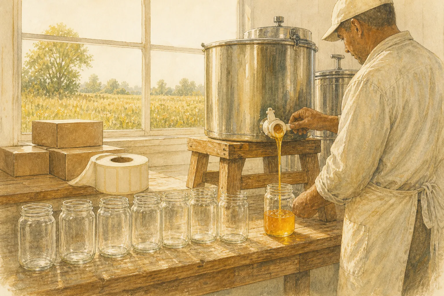 Honey running from a bottling bucket into a glass jar in a small workroom.