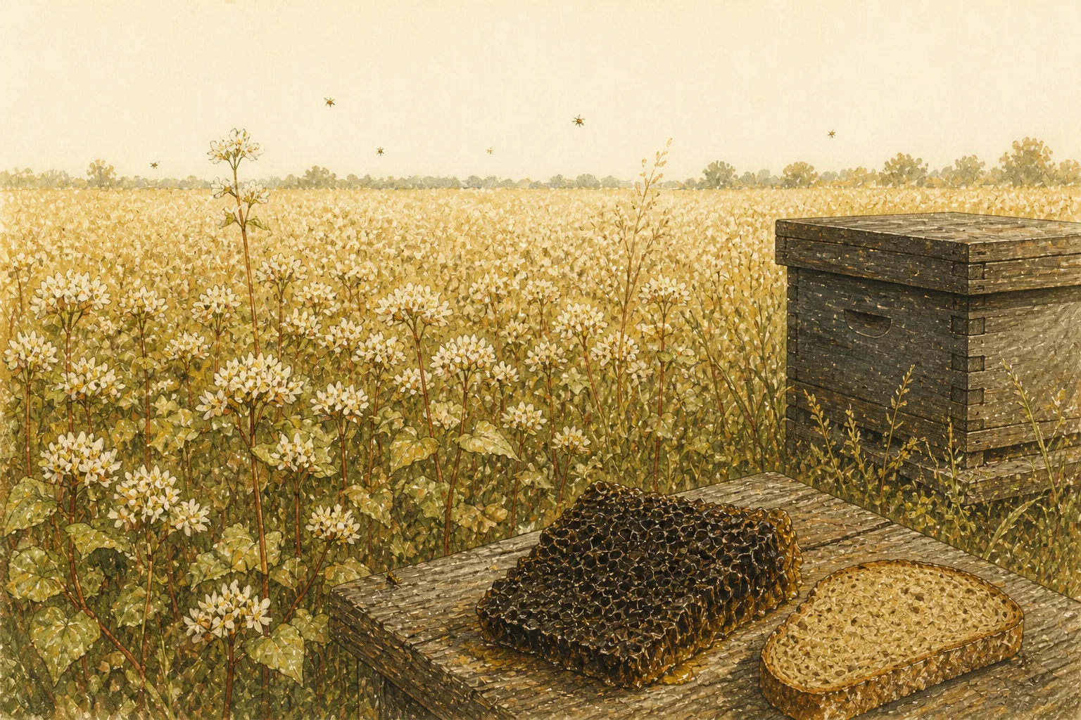 A field of white buckwheat flowers, a weathered hive, and a slab of dark honeycomb beside a slice of rye bread.