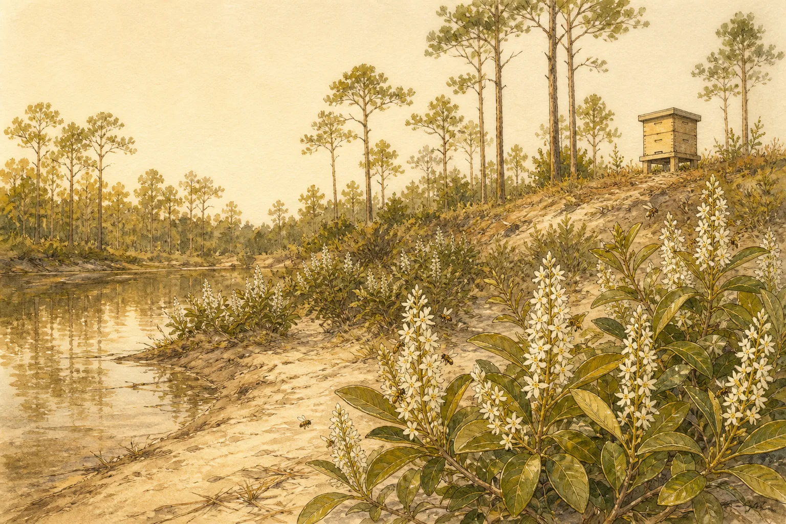 A sandy creek bank in the Florida Panhandle lined with titi shrubs in white bloom, one hive on a rise, warm cream sky.