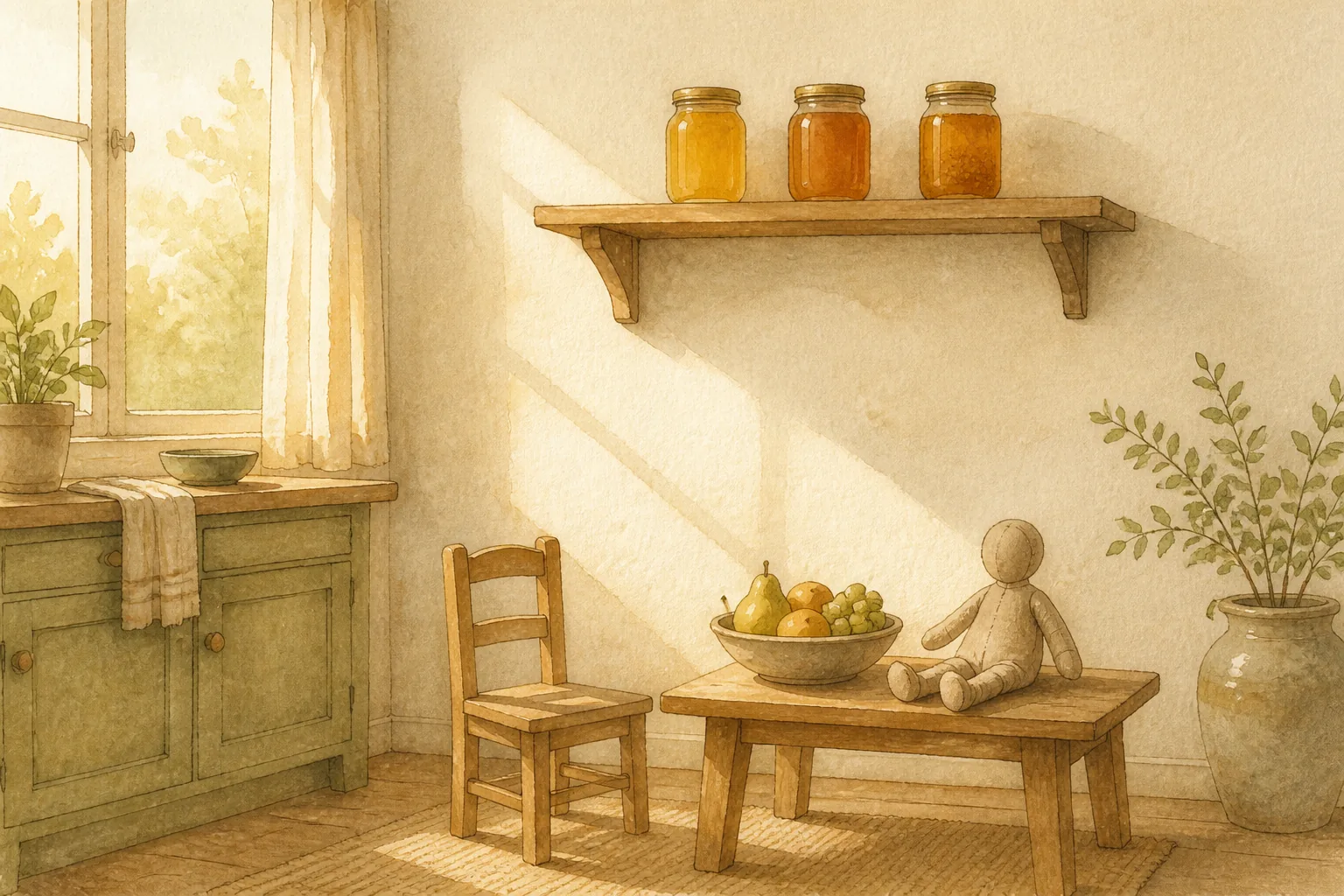A high kitchen shelf with jars of honey placed well out of reach, a child's wooden chair and a small bowl of fruit below, soft morning light.