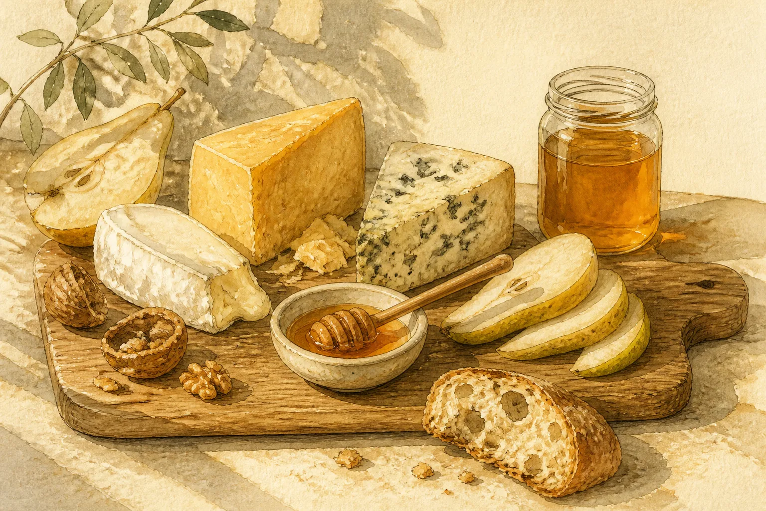 A wooden board with wedges of cheese, a small dish of honey with a dipper, sliced pears and walnuts, in warm evening light.