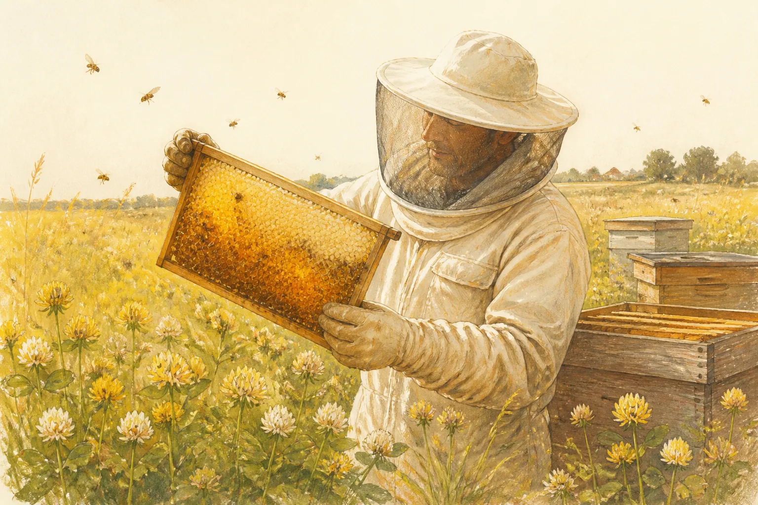 A beekeeper in a white suit lifts a frame of honeycomb from a hive in a clover field.