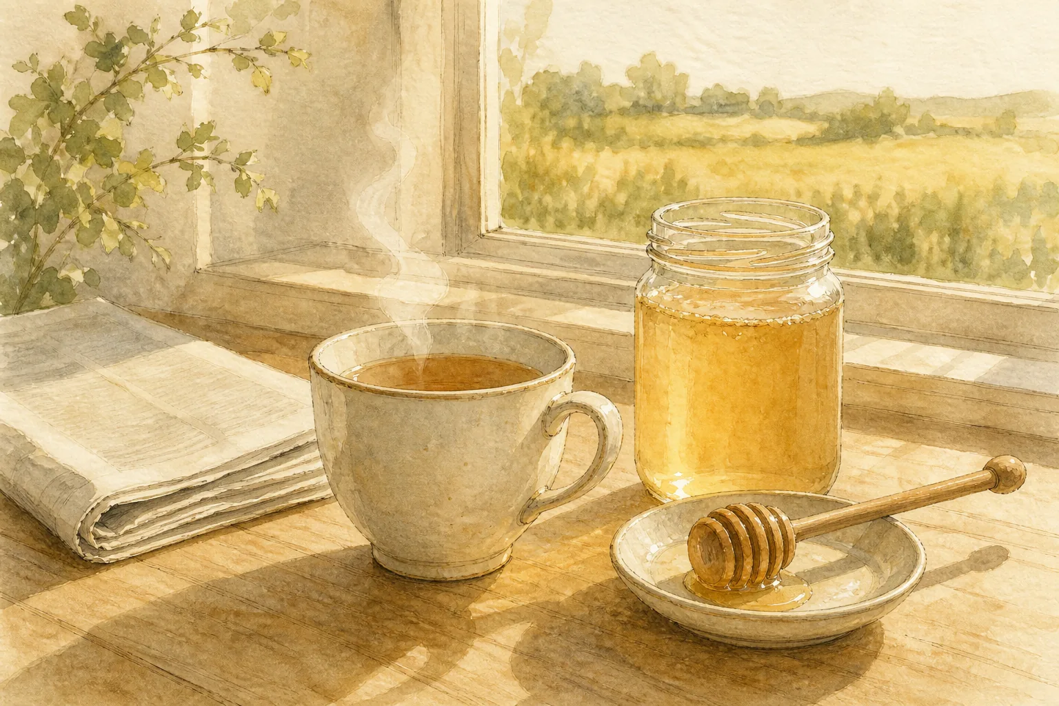 A steaming cup of tea on a wooden table beside an open jar of honey and a dipper, morning light through a kitchen window.