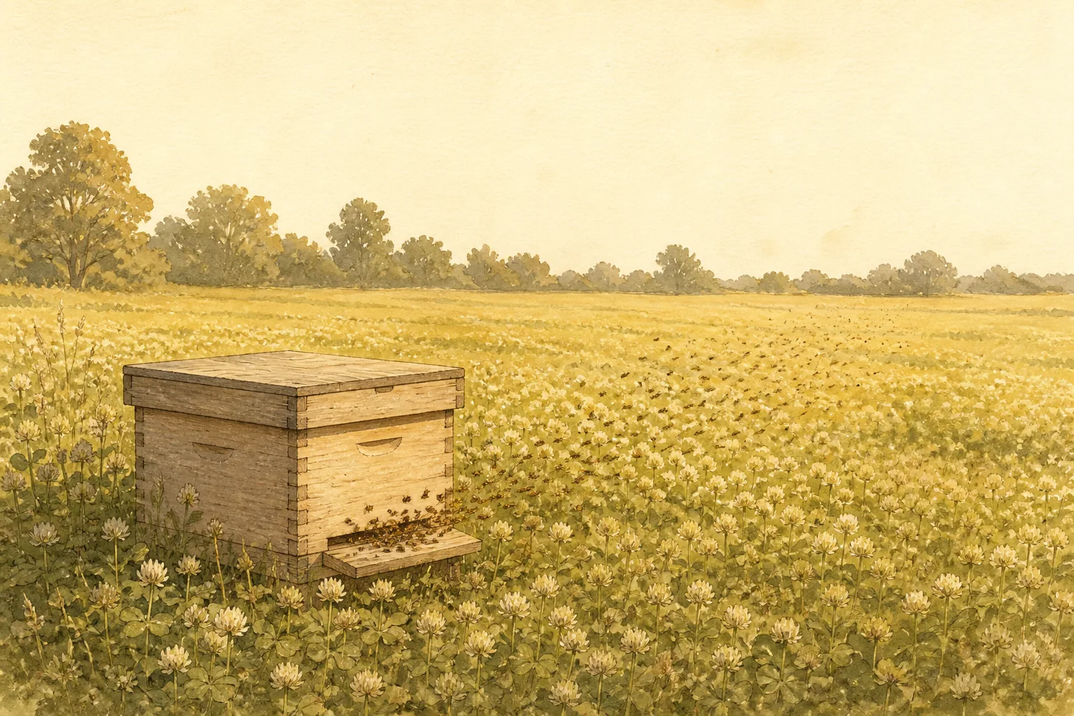 A wide clover field at golden hour with a single hive in the foreground and bees drawn as small dark strokes streaming out across the flowers.