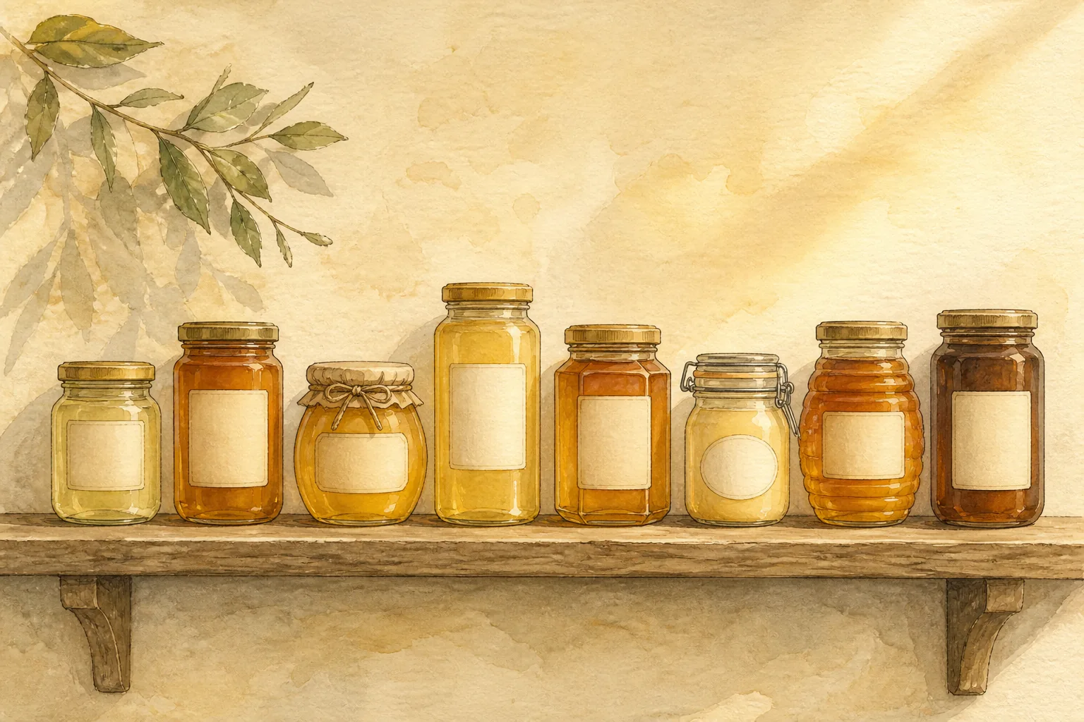 Several honey jars of different shapes lined up on a shop shelf, their plain labels turned toward the viewer, drawn in fine ink with warm washes.