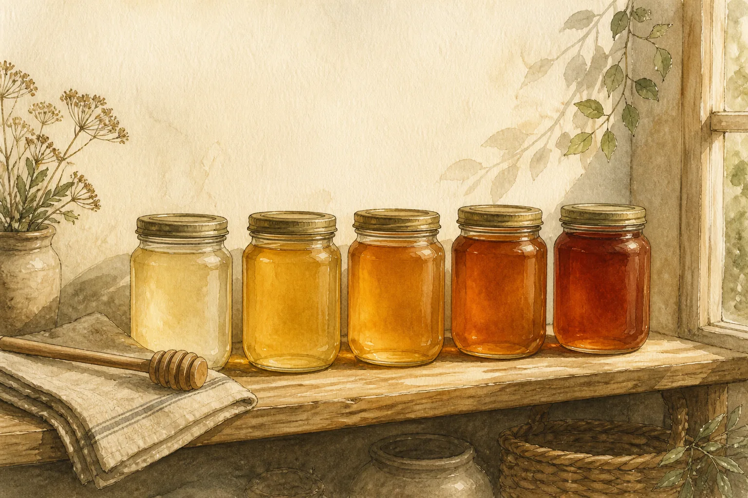 A pantry shelf in low warm light with a row of glass jars of honey in different shades, a folded cloth and a wooden spoon.