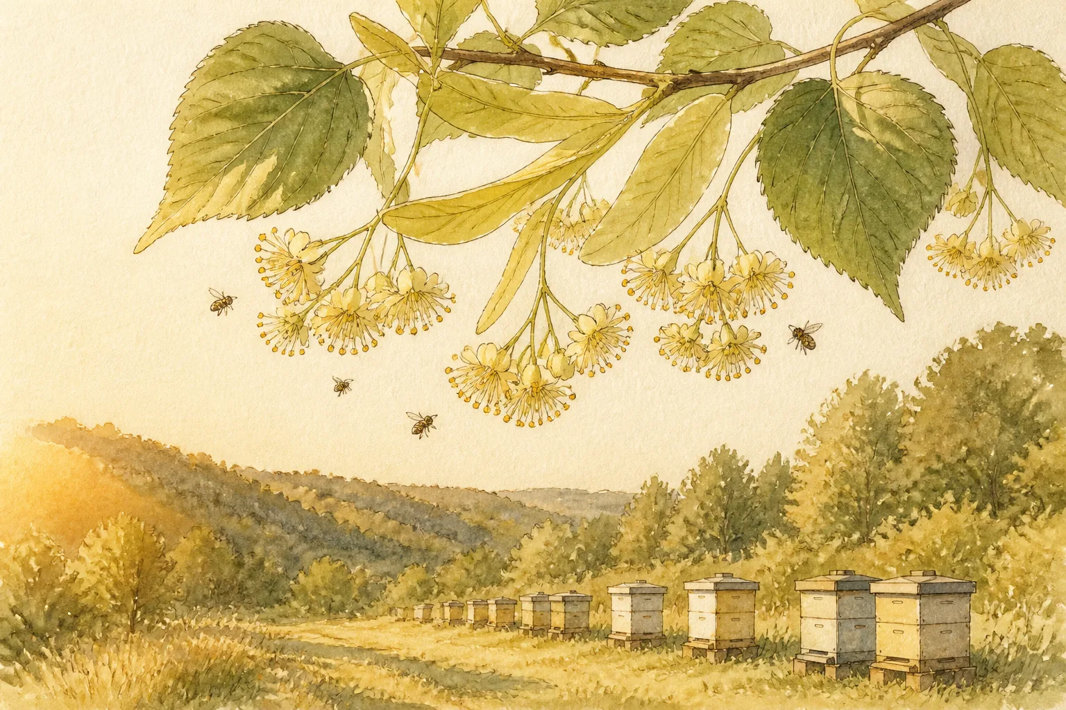 Pale yellow-green linden blossoms hanging from a branch, drawn close, with a wooded hillside and a row of hives below in soft light.