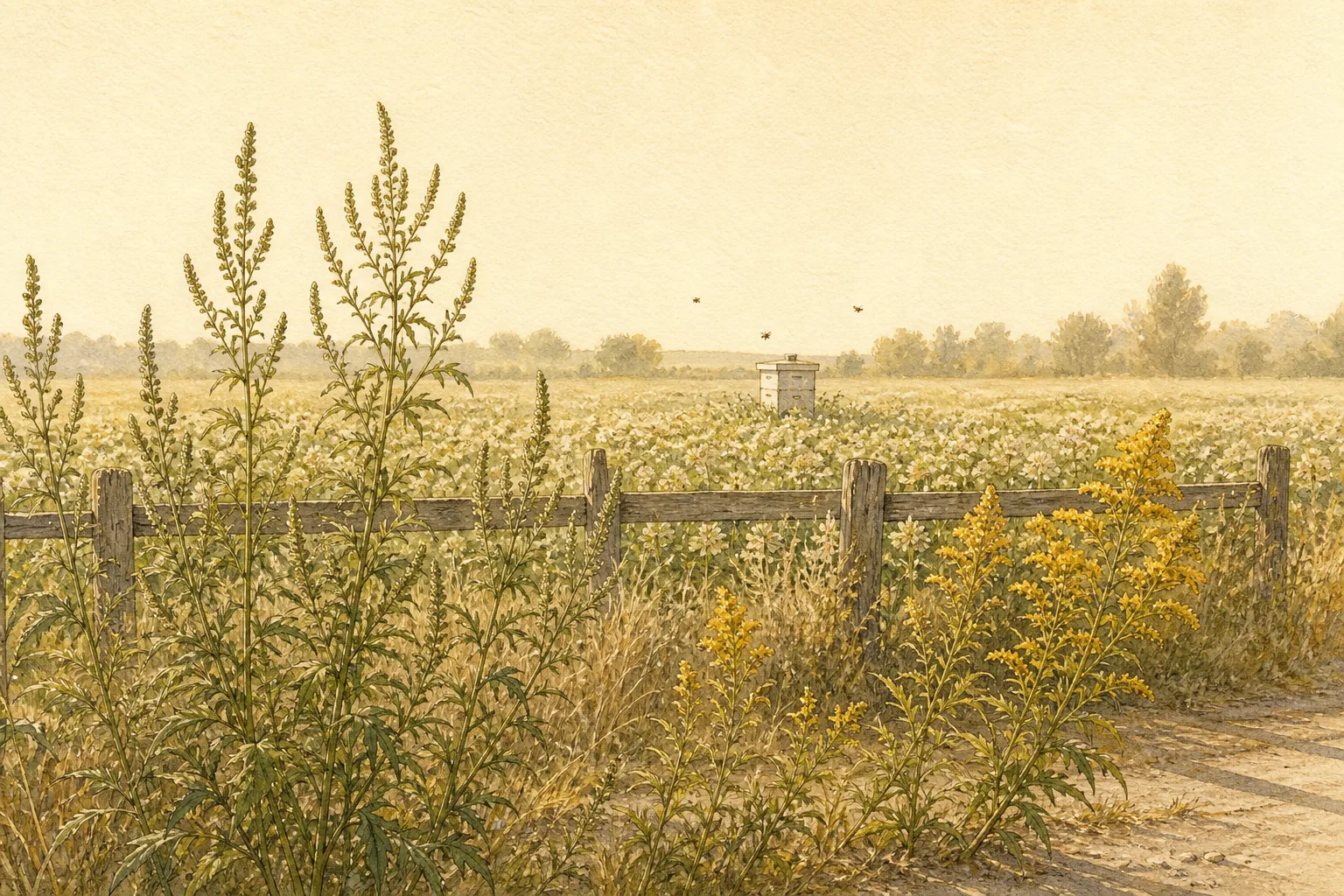 A roadside in late summer with tall ragweed and goldenrod in the foreground, a hive in a clover field beyond, hazy warm light.