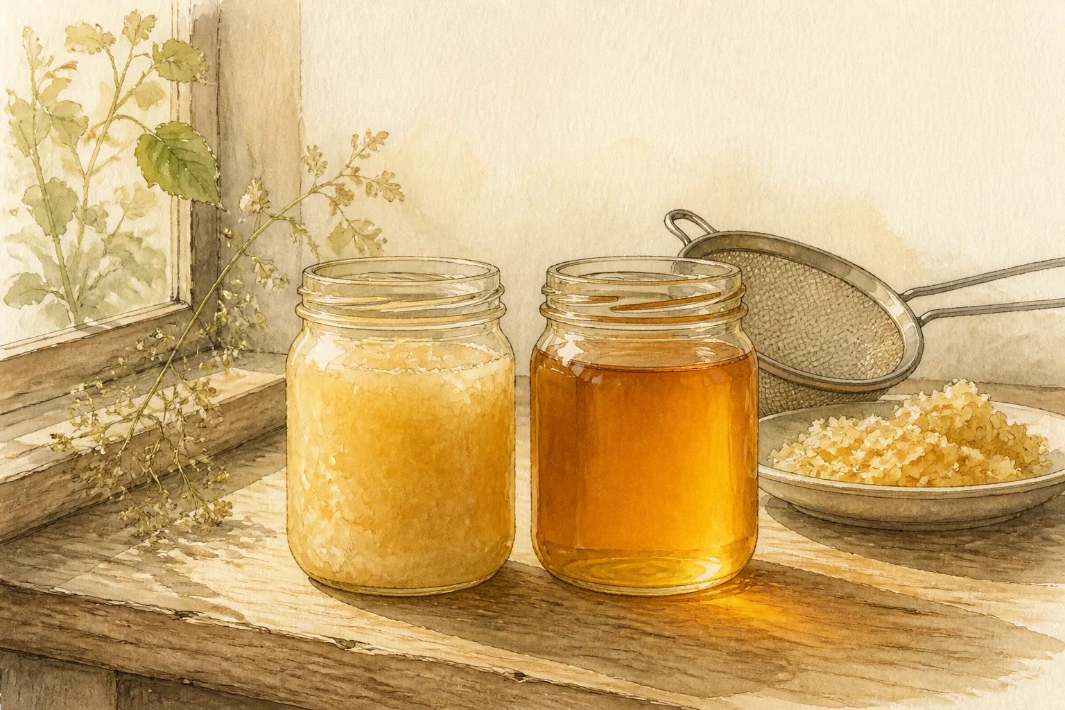 Two glass jars side by side on a wooden table in window light, one cloudy and pale, one perfectly clear and amber.