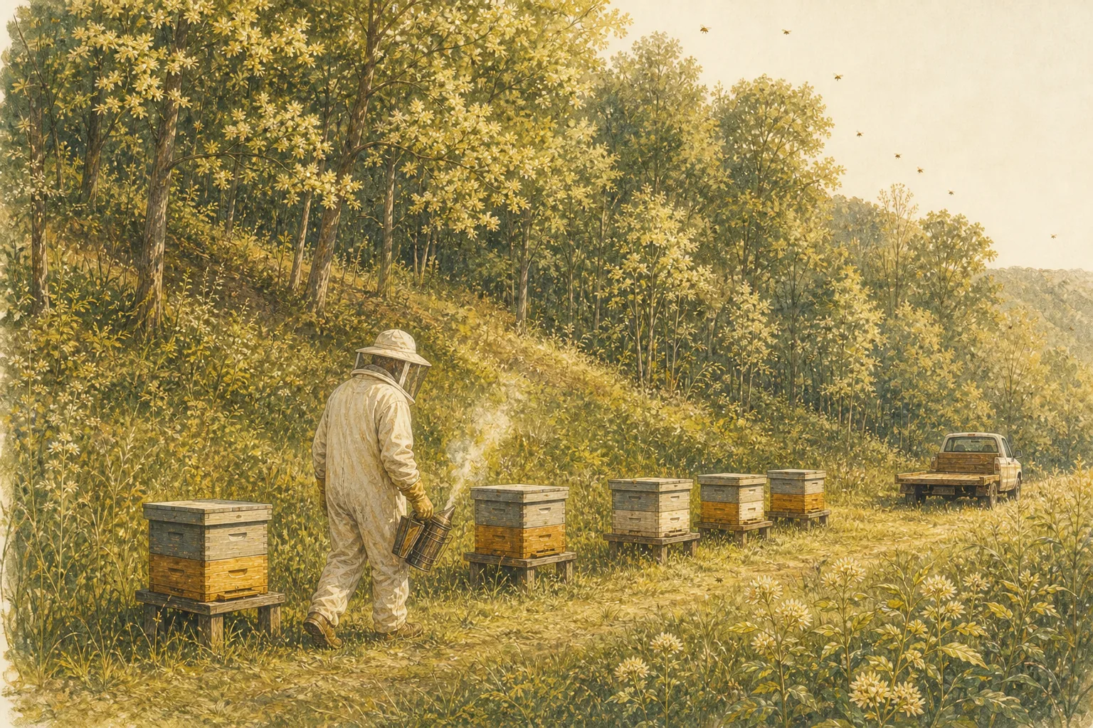 A beekeeper walks a row of hives below a hillside of blooming basswood trees in the Driftless.
