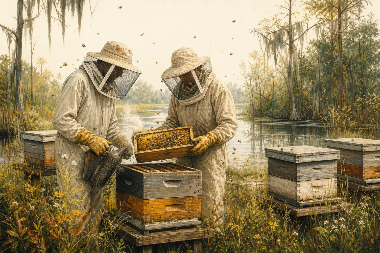 Two beekeepers in veils inspect a frame of honeycomb beside hives at the edge of a cypress swamp.