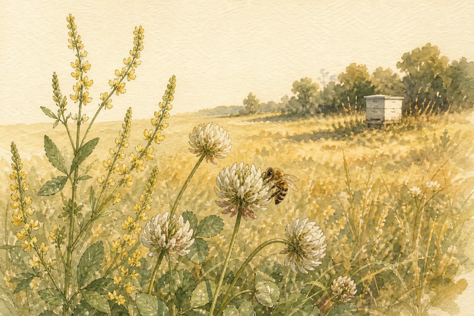 A close view of white and yellow clover blossoms in a summer field with a honeybee working one flower, a hive soft in the background.