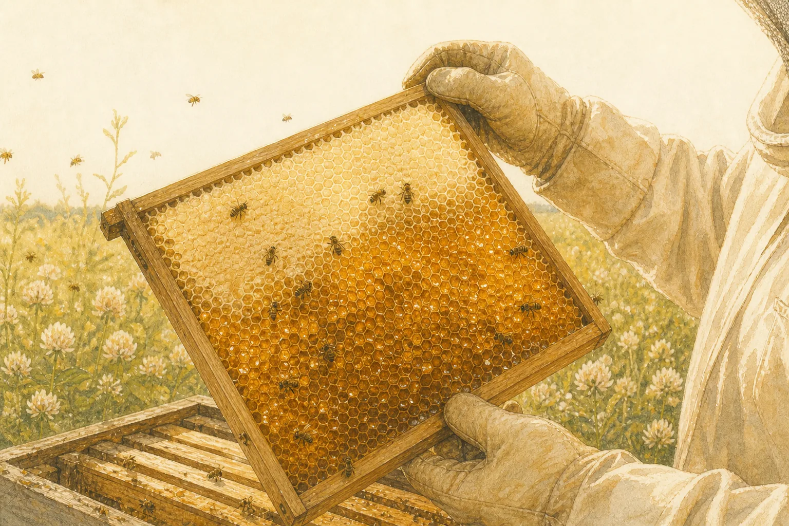 Gloved hands hold a frame of honeycomb up to the light, half capped in wax and half open, with bees on the comb.