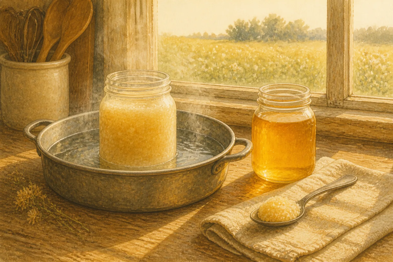 A crystallized jar of honey sits in a pan of warm water on a kitchen counter, next to a clear jar and a spoon of set honey.